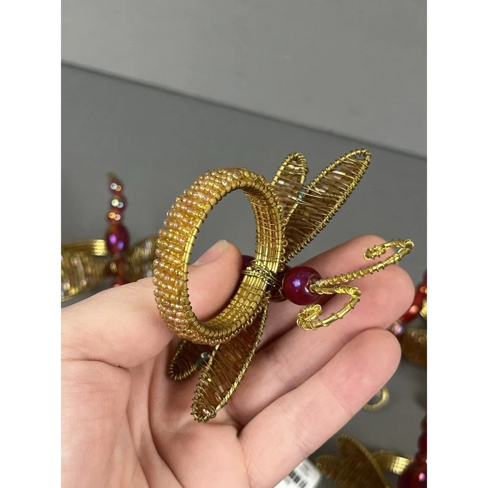 10 Pier One Imports Beaded Dragonfly Napkin Rings Gold Wire Wings & Orange Beads